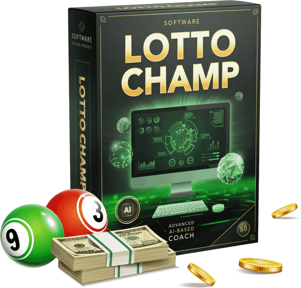 Lotto Champ AI lottery tool product box with lottery balls and currency